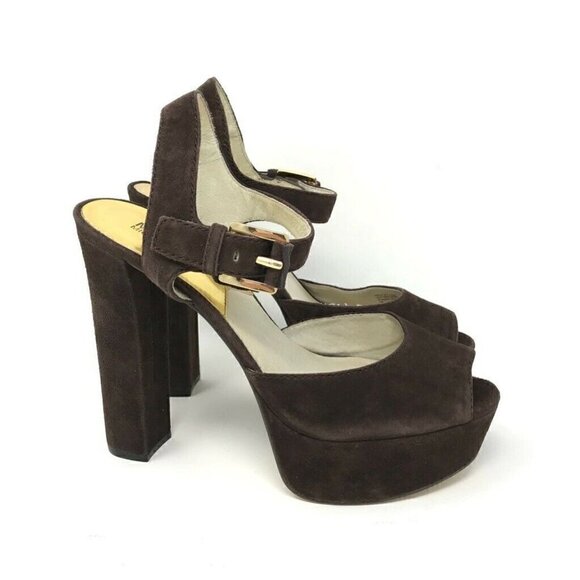 Michael Kors Platform Heels Shoes Brown Leather 9 - Picture 1 of 8